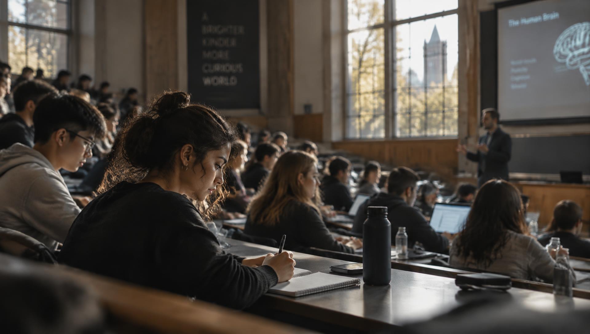 College students taking notes in a university lecture hall
